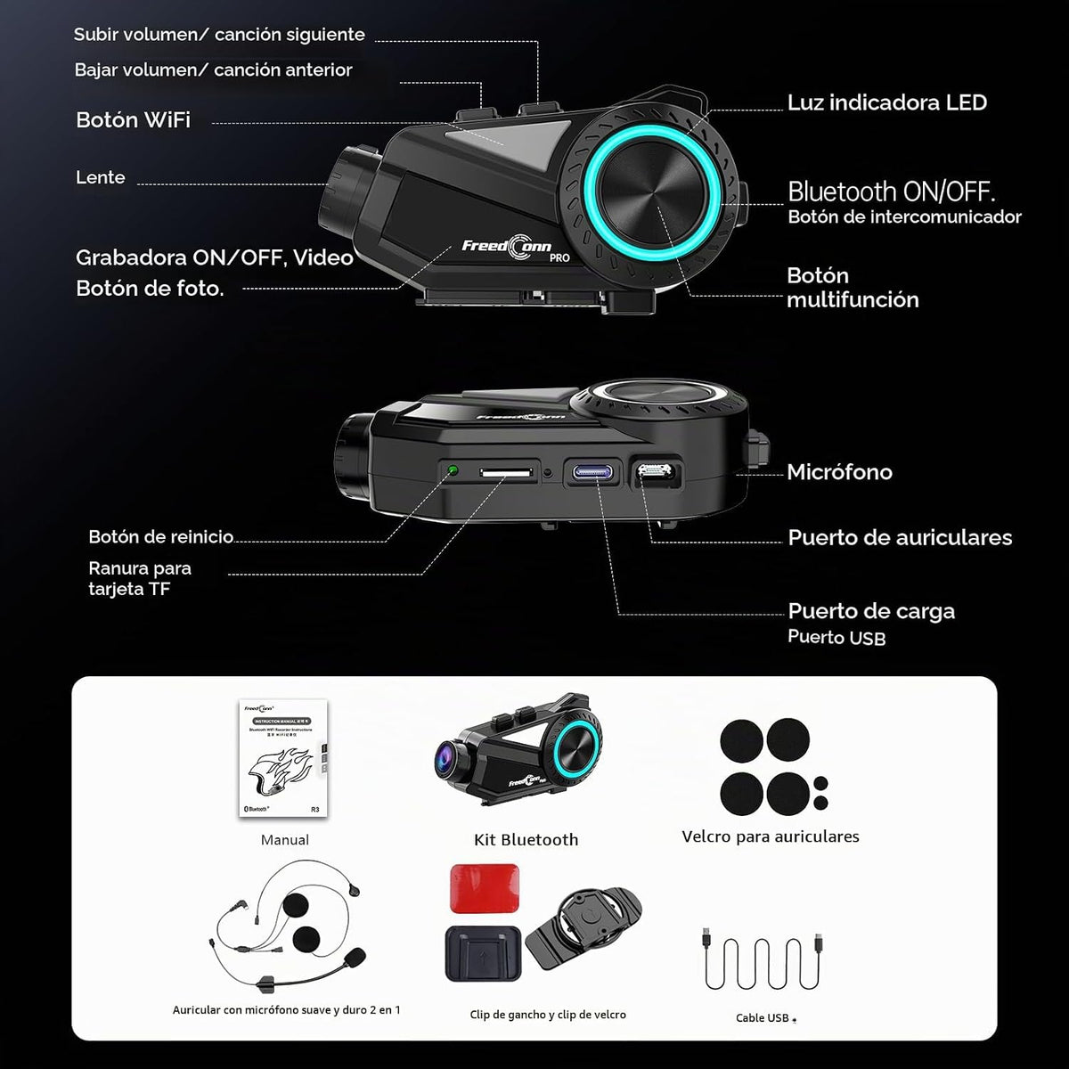 Auriculares Bluetooth FreedConn para motocicleta con cámara 2K de a...