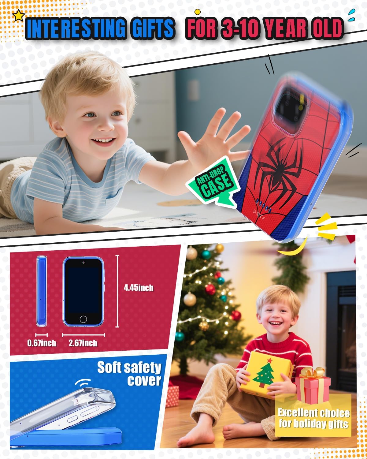 Byserten Teléfono para niños con pantalla táctil de 3.5 pulgadas co...