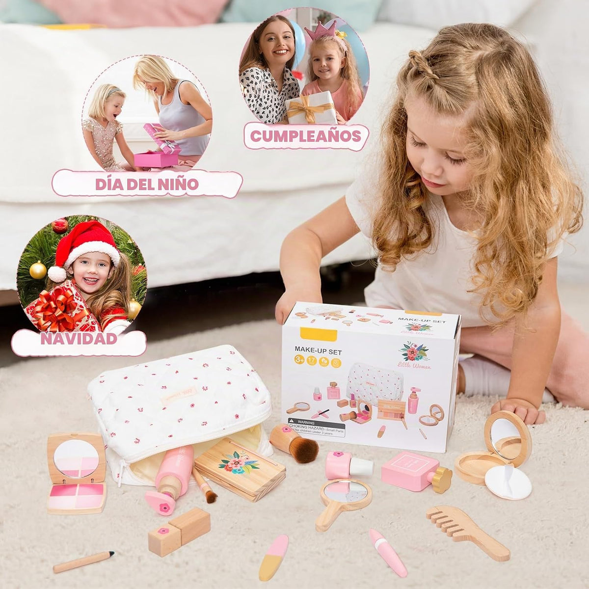 Juego de juguetes de maquillaje de madera para niñas, kit de maquil...