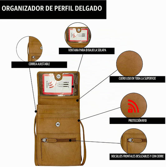 ili New York 6827 Organizador cruzado de cuero genuino con forro de...