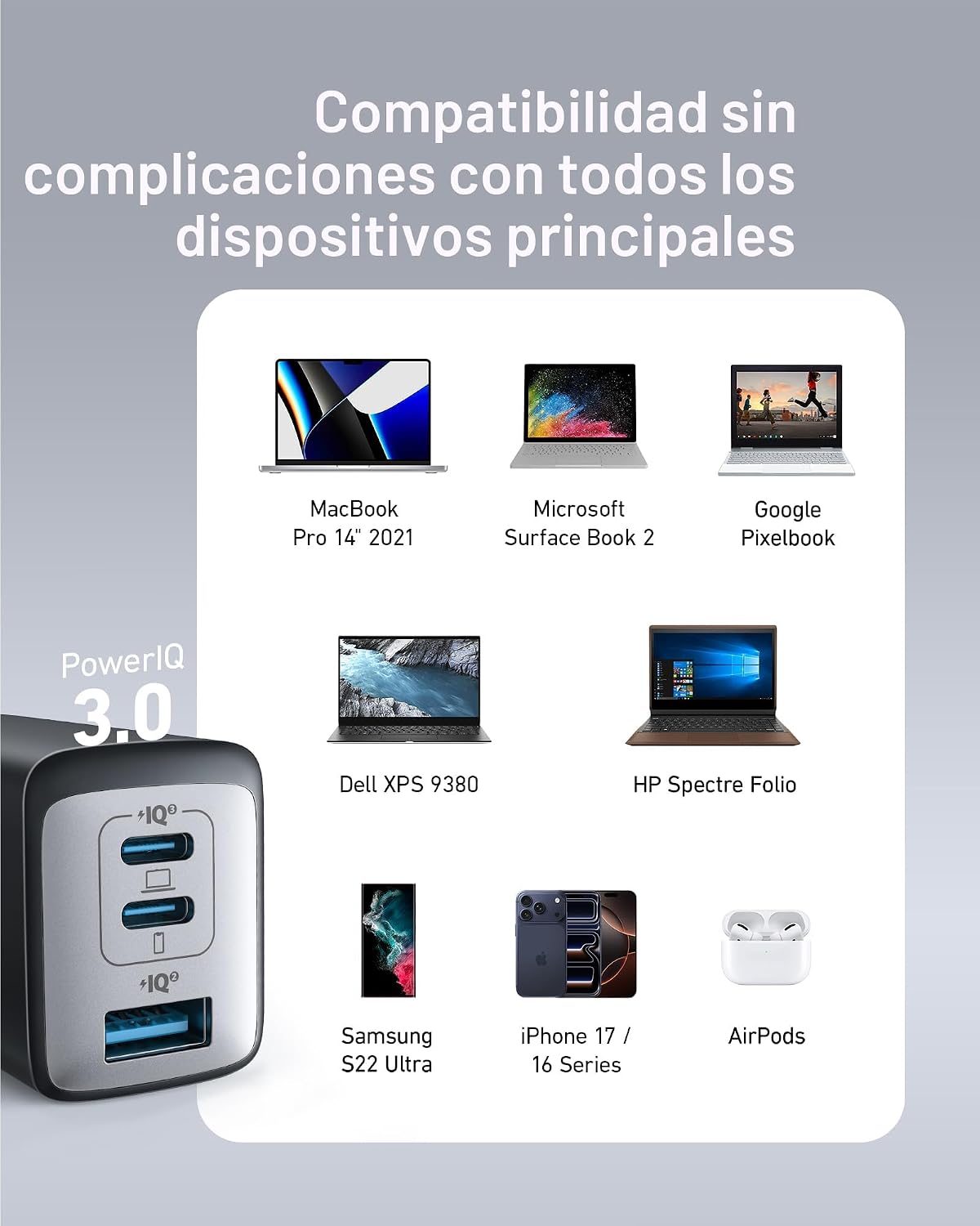 Anker Cargador, 65 W, 3 puertos, rápido, plegable, USB C, bloque de...