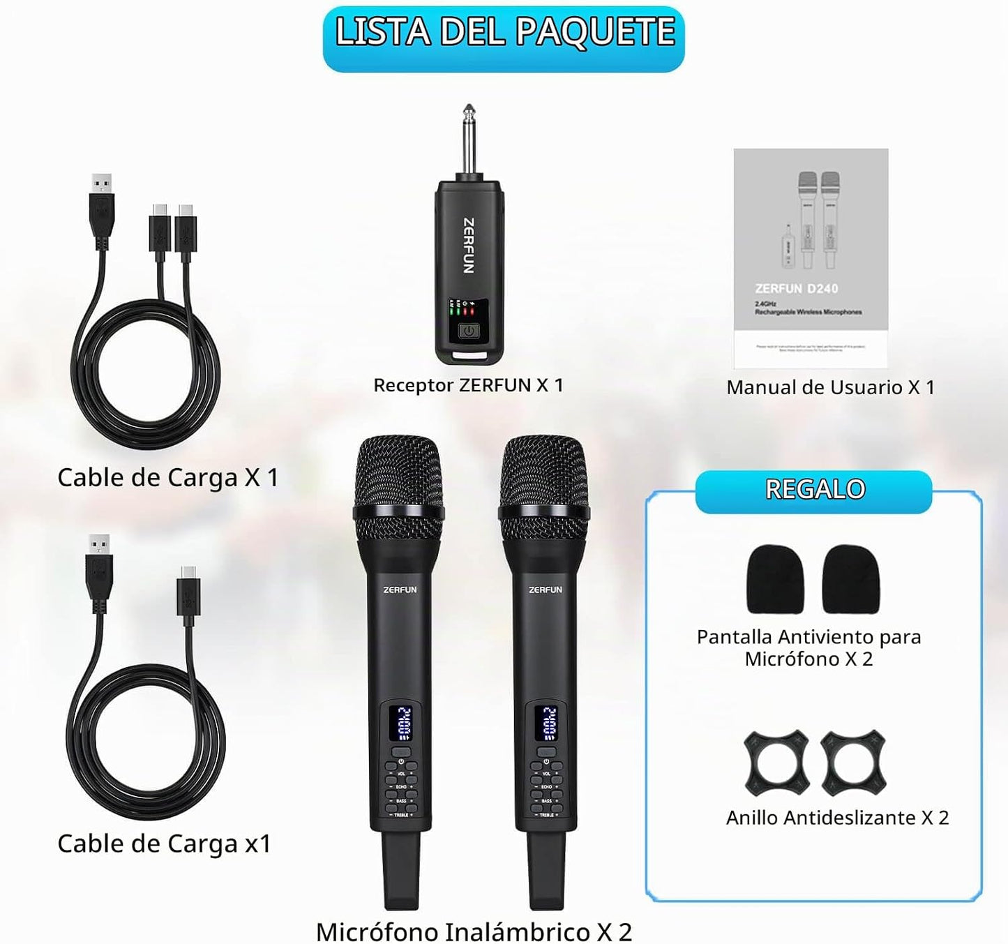 ZERFUN Micrófonos inalámbricos recargables duales, sistema de micró...