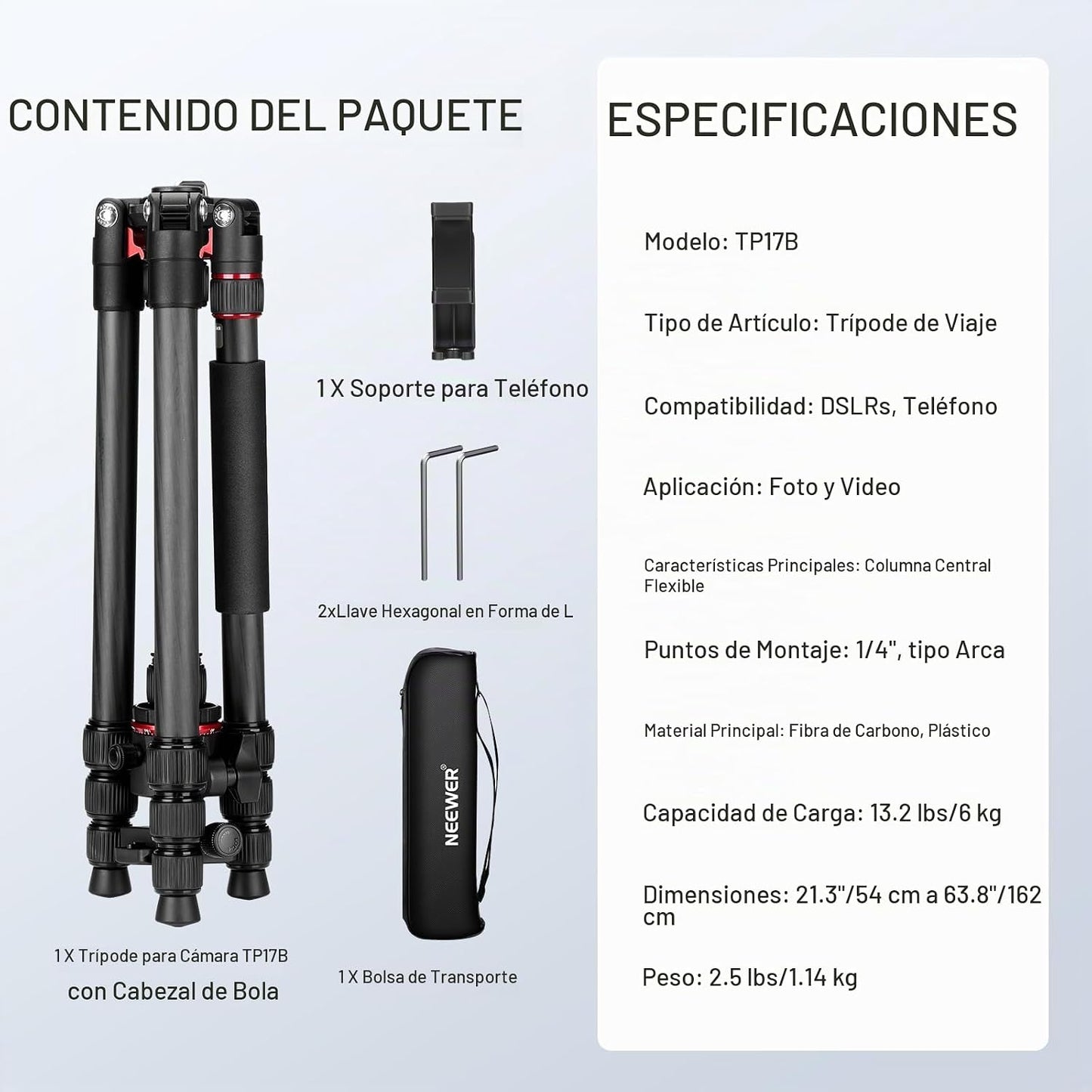 NEEWER Basics Trípode de fibra de carbono para viajes y monopié, de...