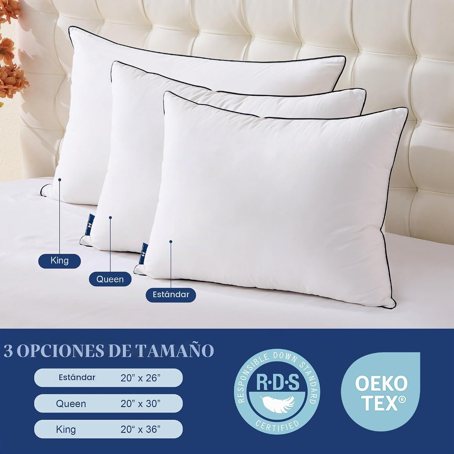 Mosluna - Juego de 2 almohadas de plumas firmes tamaño King, almoha...