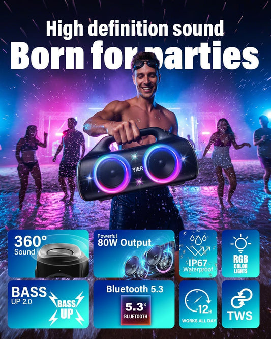 YIER Altavoces, 80 W (pico) Altavoz inalámbrico portátil con luces,...
