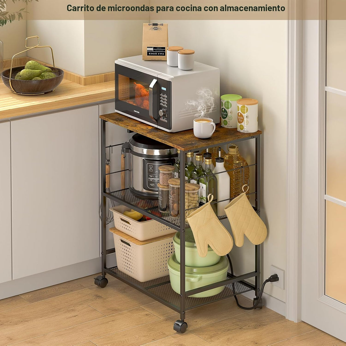 ThreeHio Carrito de Cocina Rodante para Microondas con Toma de Corr...