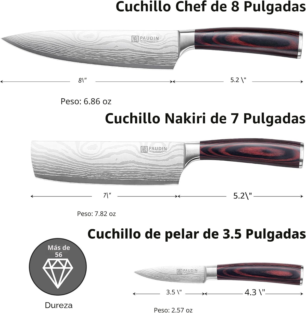 PAUDIN Juego de cuchillos de cocina, 3 piezas de acero inoxidable d...