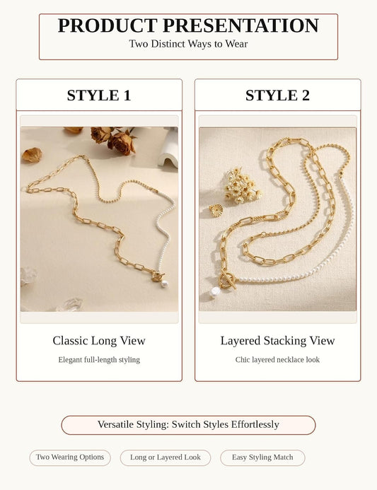 Collar de cadena de perlas en capas de oro para mujer, chapado en o...