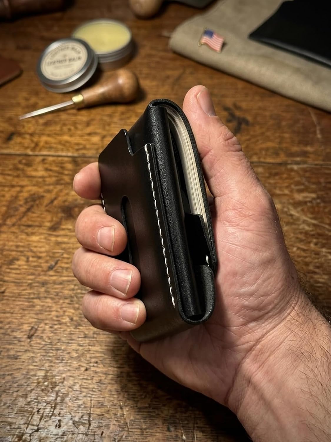 JusBumio Cartera plegable cosida a mano para hombre, con capacidad...