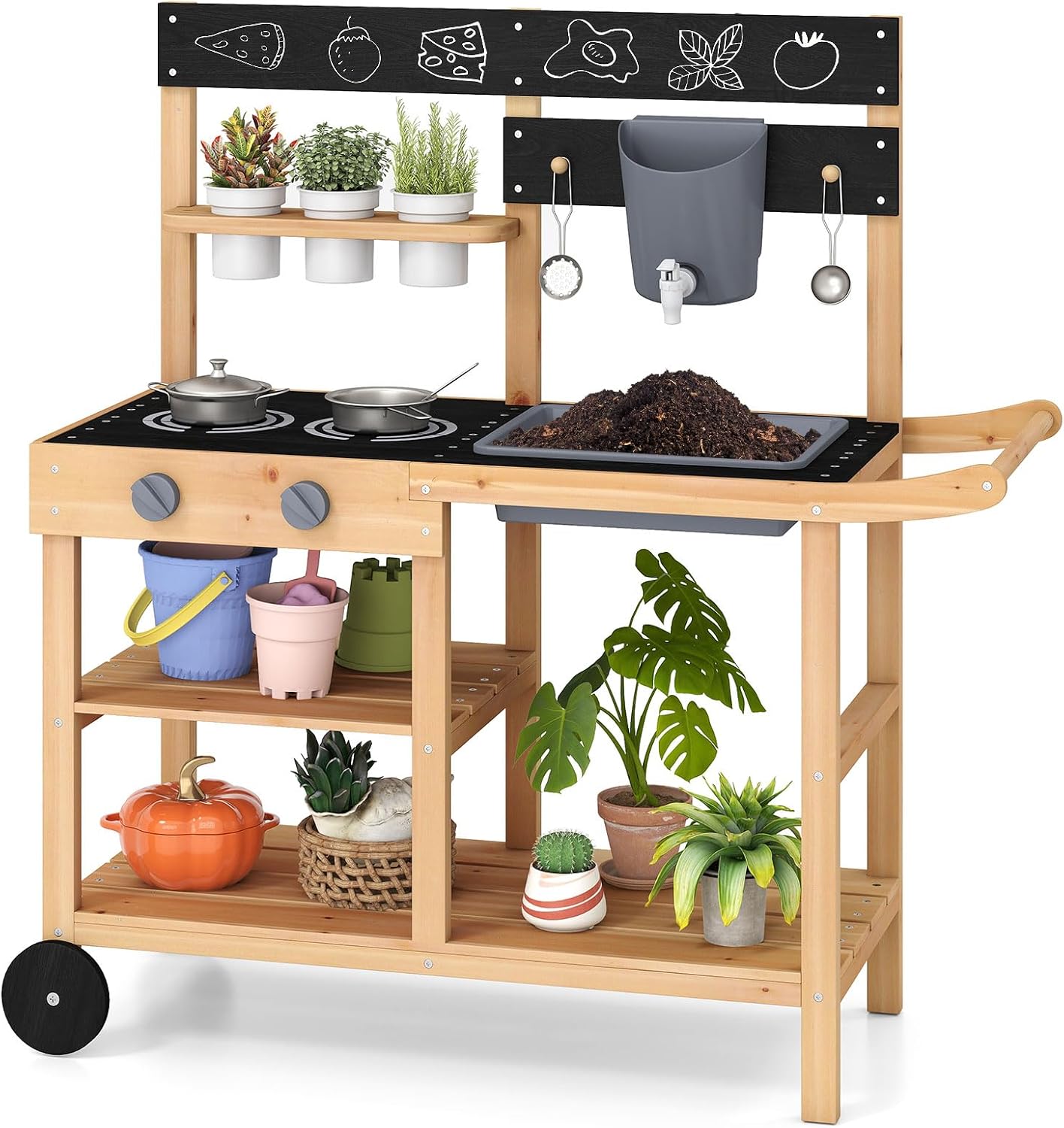 Costzon Cocina de barro con ruedas, banco de madera para macetas pa...