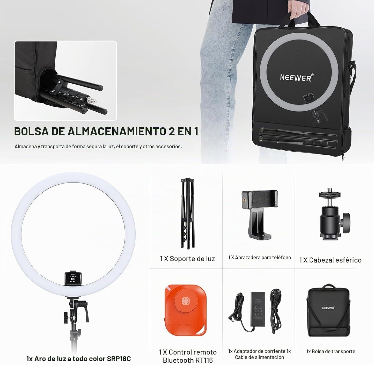 Neewer SRP18C - Anillo de luz LED RGB de 18 pulgadas con trípode re...