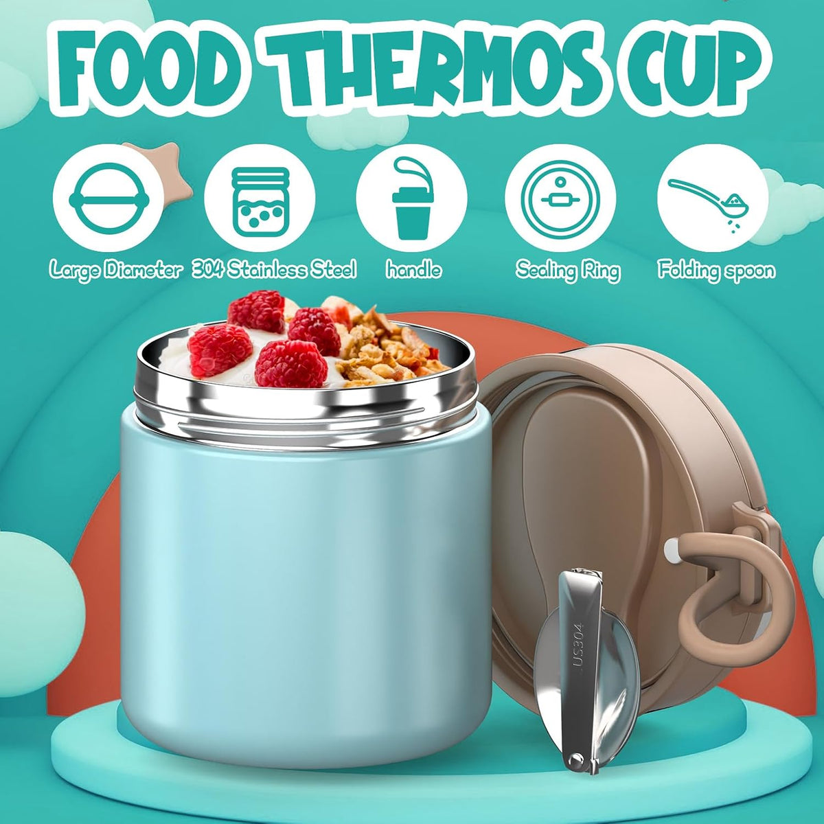 Termo para niños de comida caliente - 15.2oz con cuchara plegable y...