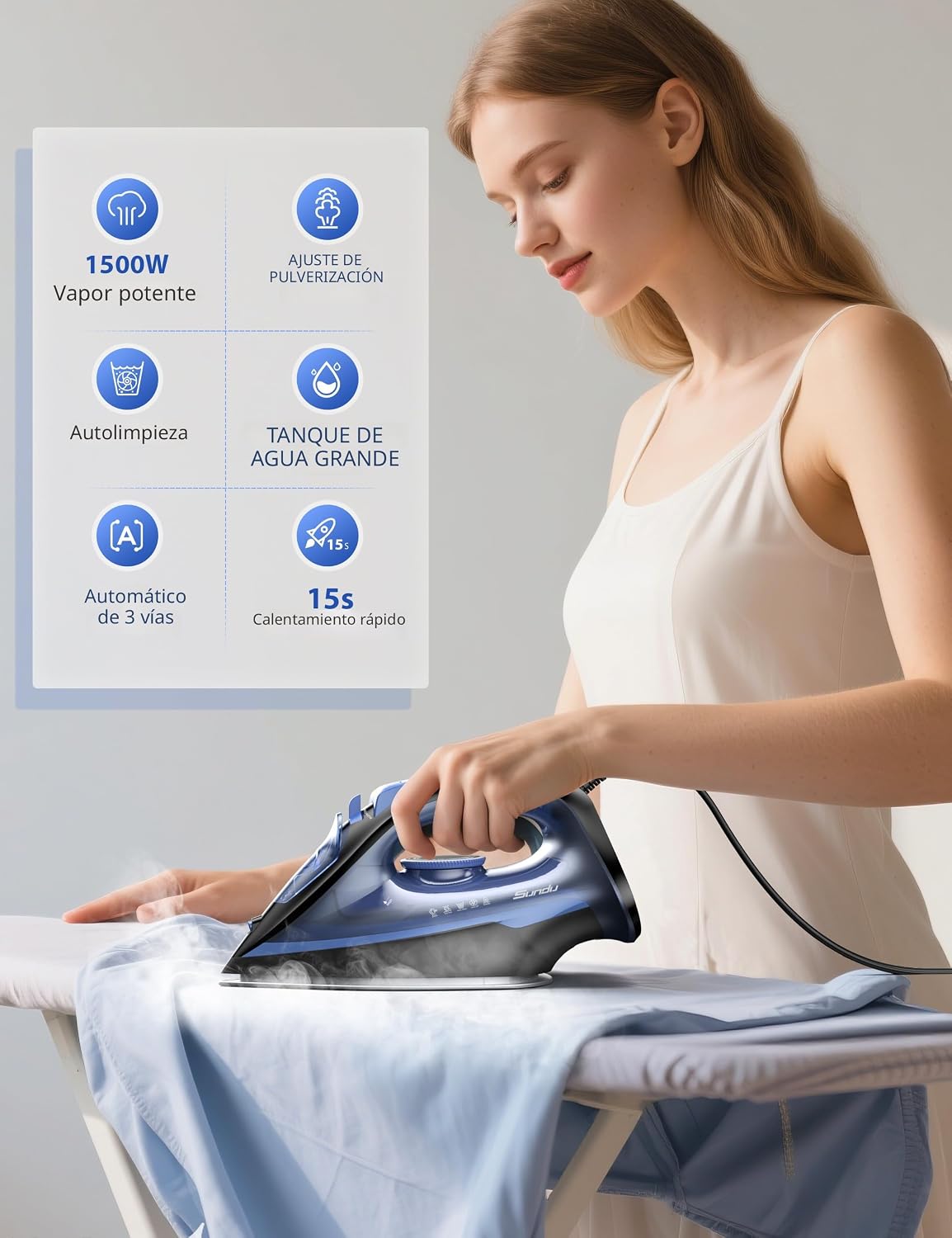 Sundu Plancha de vapor para ropa con suela recubierta de cerámica d...