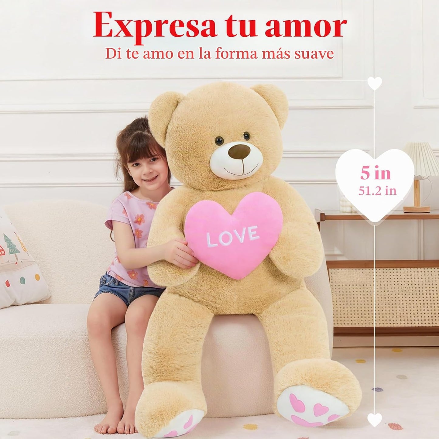 MorisMos Oso de peluche gigante con corazón de amor, 4 pies, 51 pul...