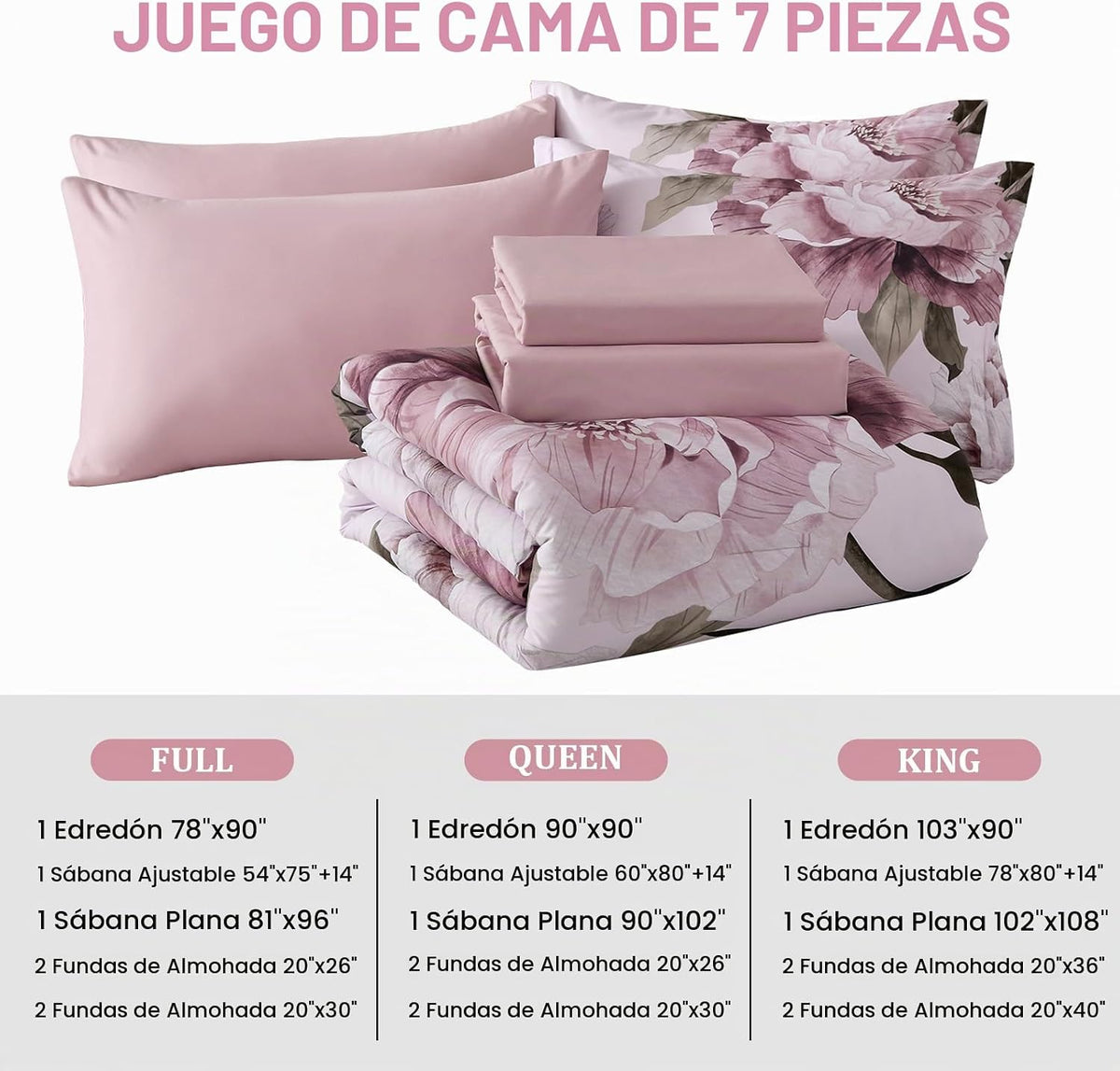 Dobuyly Juego de edredón rosa tamaño completo de 7 piezas cama en u...