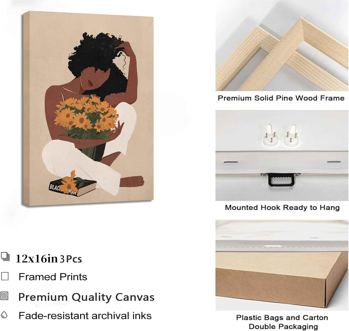 3 piezas de arte de pared de mujer negra, pósters boho de niña negr...