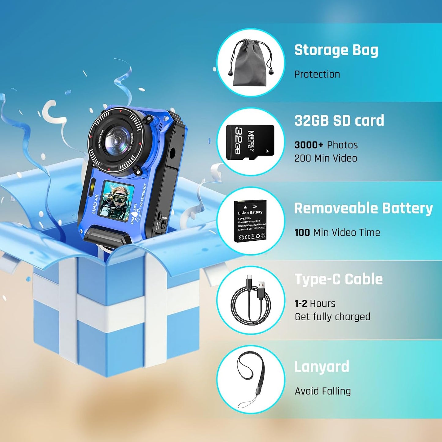 Cámara subacuática 4K 64MP 33FT Cámara impermeable con tarjeta de 3...