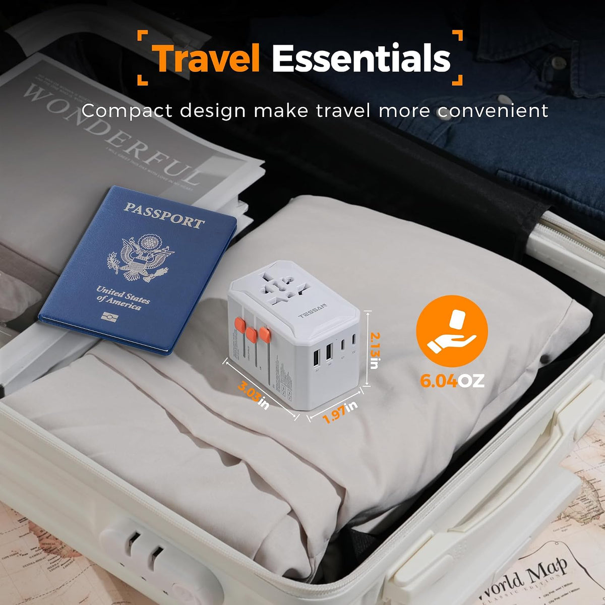 TESSAN Adaptador de viaje universal, adaptador de corriente interna...