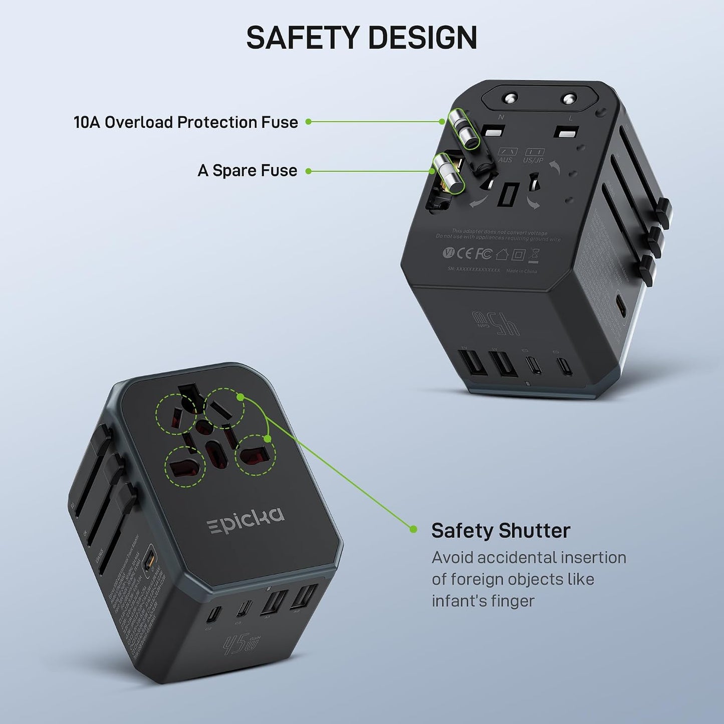 EPICKA 45W Adaptador de viaje universal PD&QC, 1AC\/3USB-C\/2US...