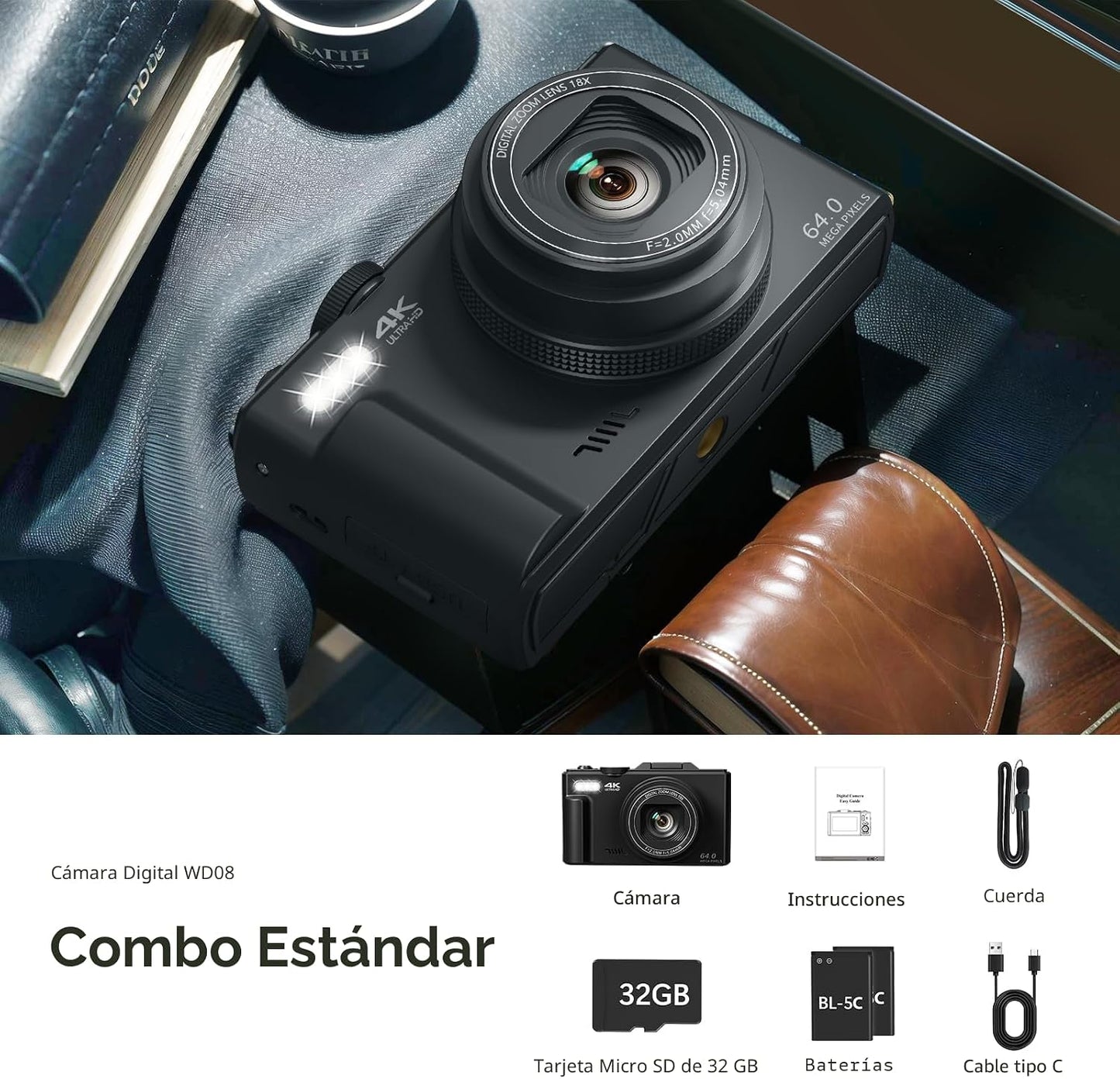 Cámara digital 4K para fotografía, cámara de vlogging de 64 MP con...