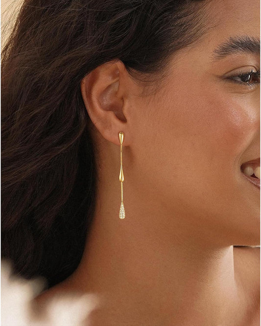 Aretes colgantes para mujer, chapados en oro de 14K con circonita c...