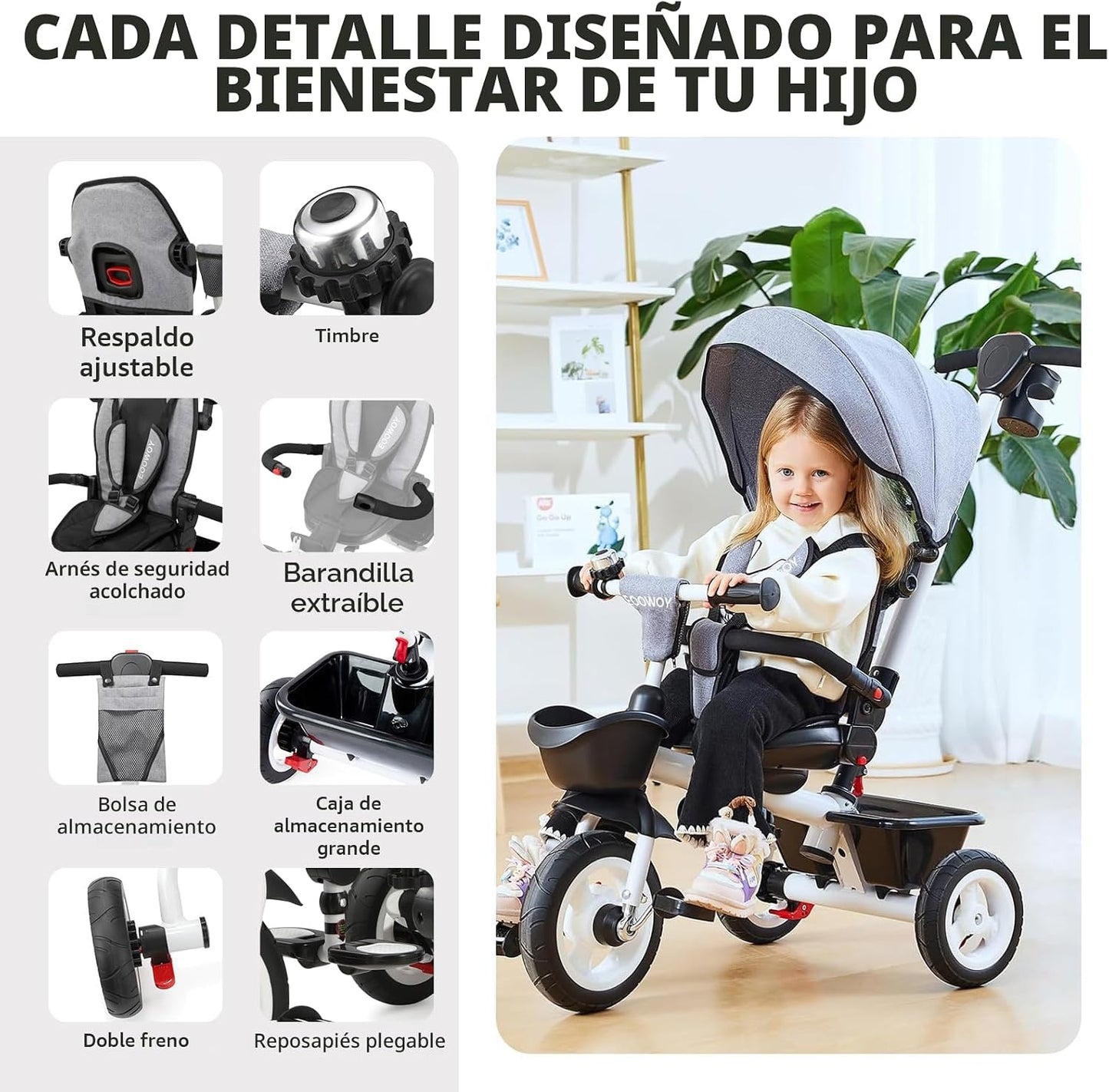 EOOWOY Triciclo para niños pequeños con mango de empuje, triciclo 7...