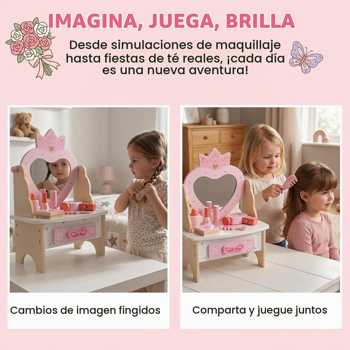 Juego de tocador de madera para niños, juguetes de mesa de tocador...