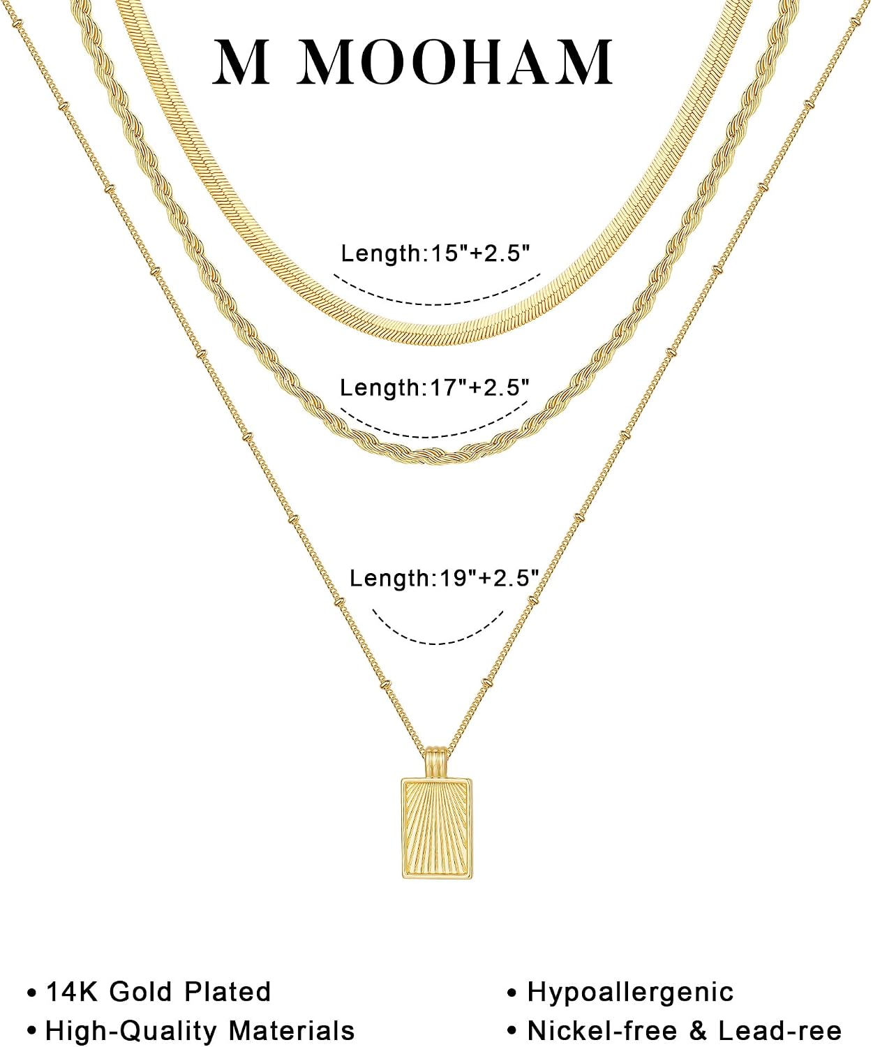 M MOOHAM Collares de oro en capas para mujer, chapado en oro de 14...