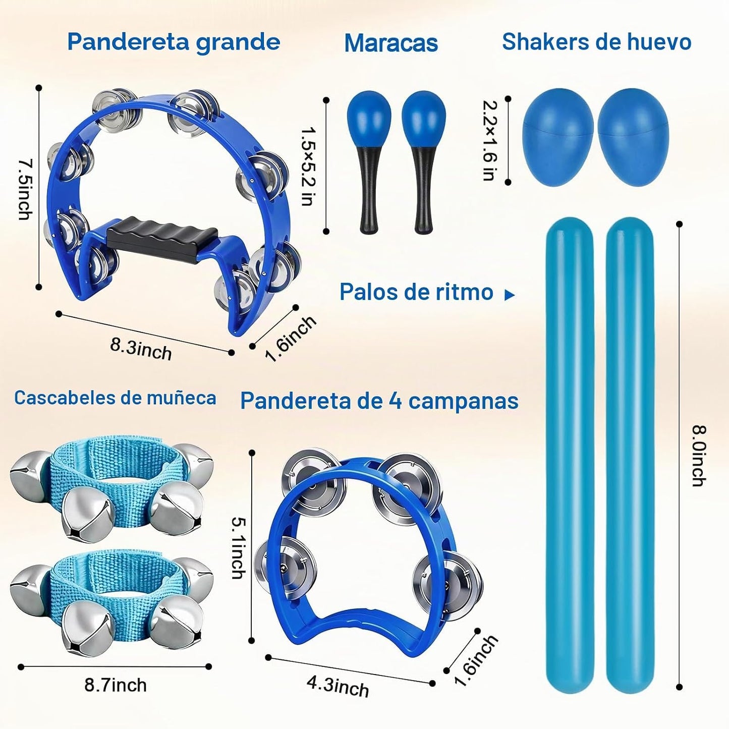 Panderetas azules para adultos, 10 unidades, pandereta de media lun...
