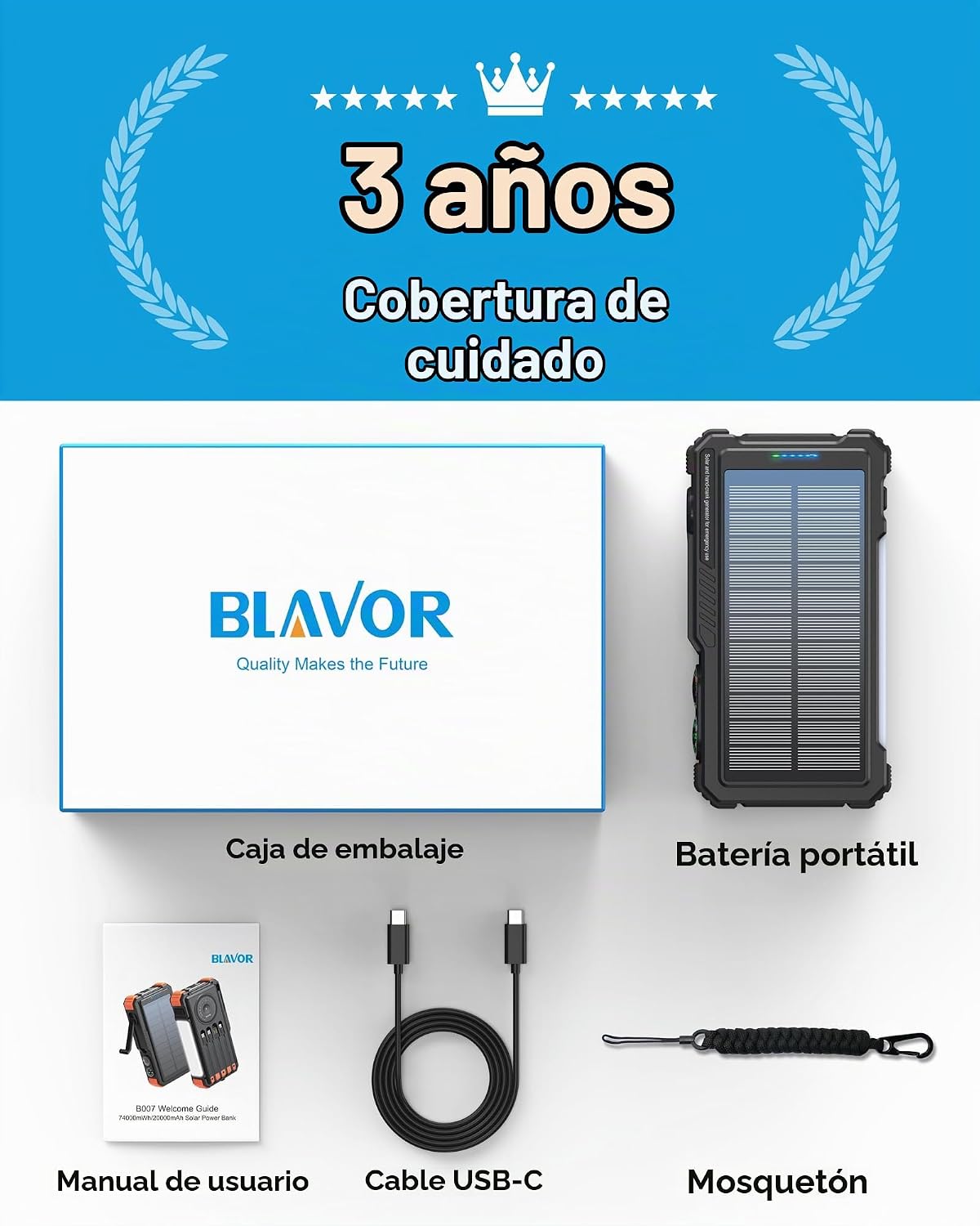 BLAVOR Banco de energía solar con manivela y 4 cables incorporados...