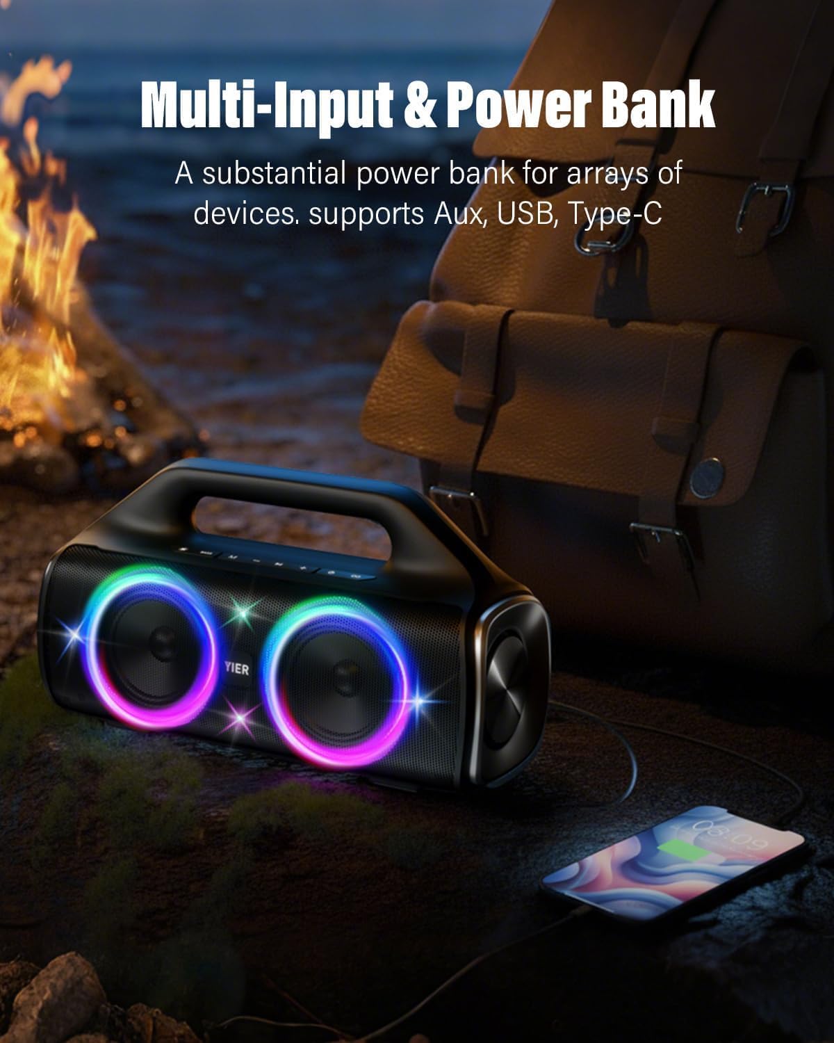 YIER Altavoces, 80 W (pico) Altavoz inalámbrico portátil con luces,...