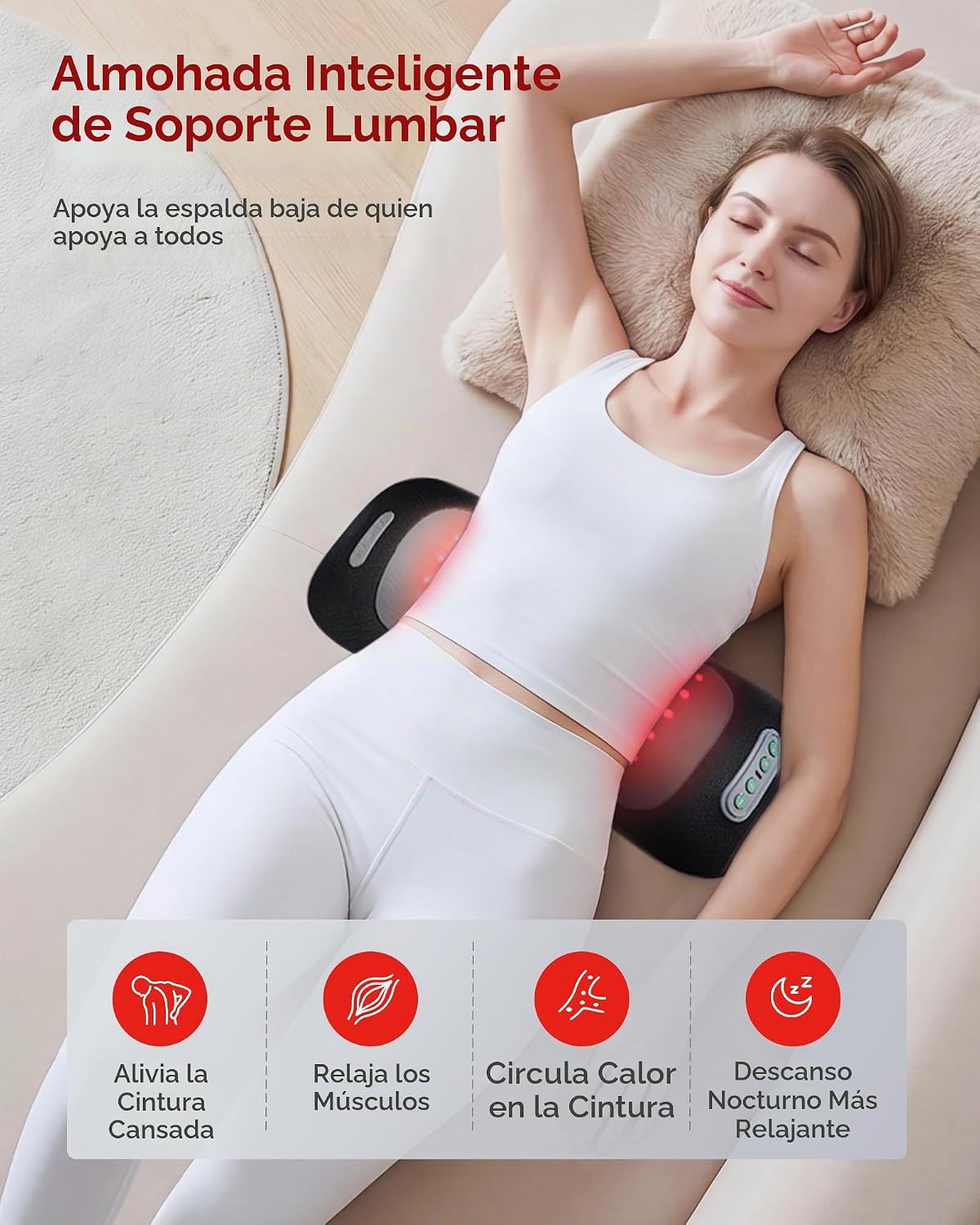 Almohada de apoyo lumbar 4 en 1 con luz roja 650 nm 850 nm, masajea...