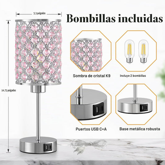 GyroVu - Juego de 2 lámparas de mesita de noche de cristal rosa con...