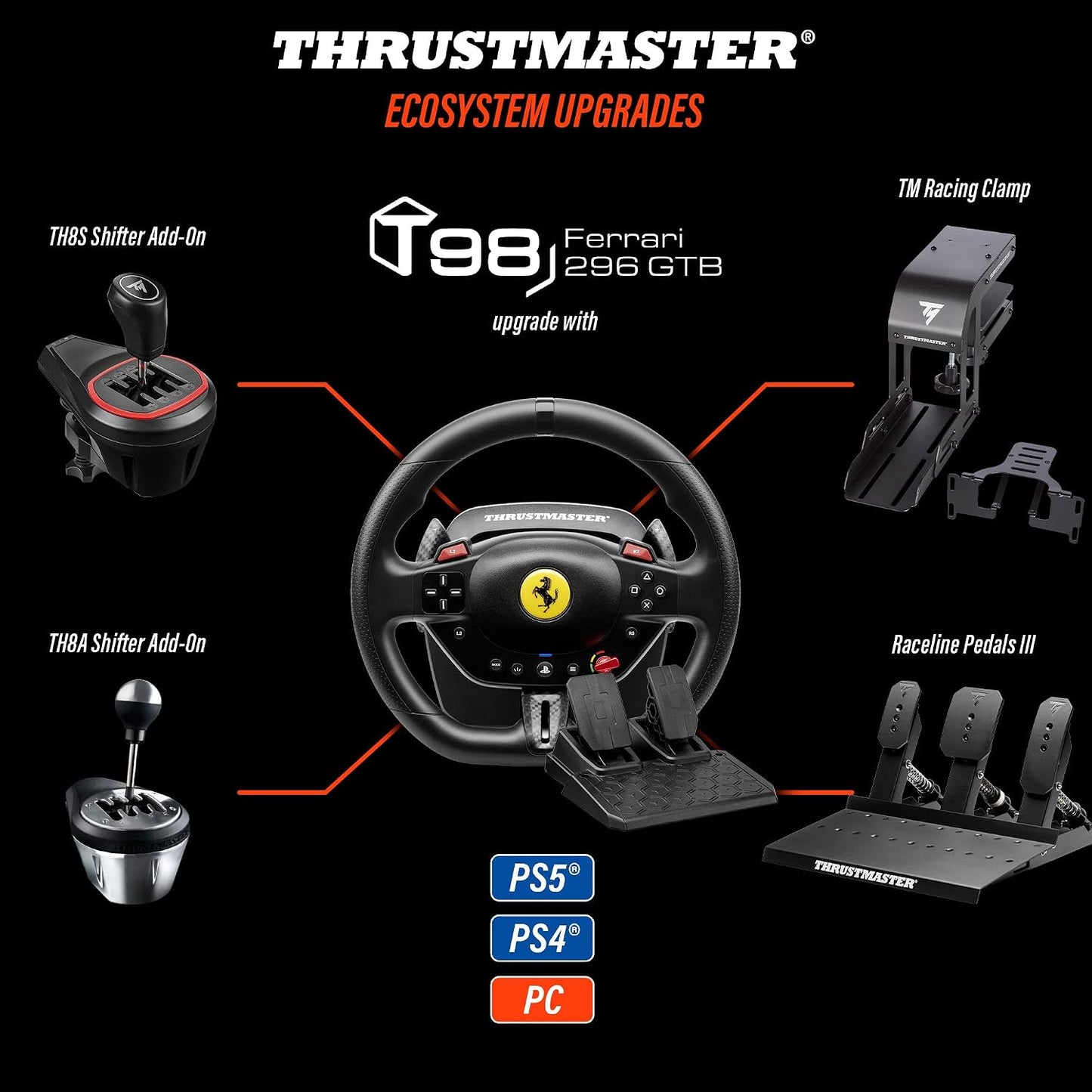 Thrustmaster T98 Ferrari 296 GTB Juego de pedales y volante de carr...