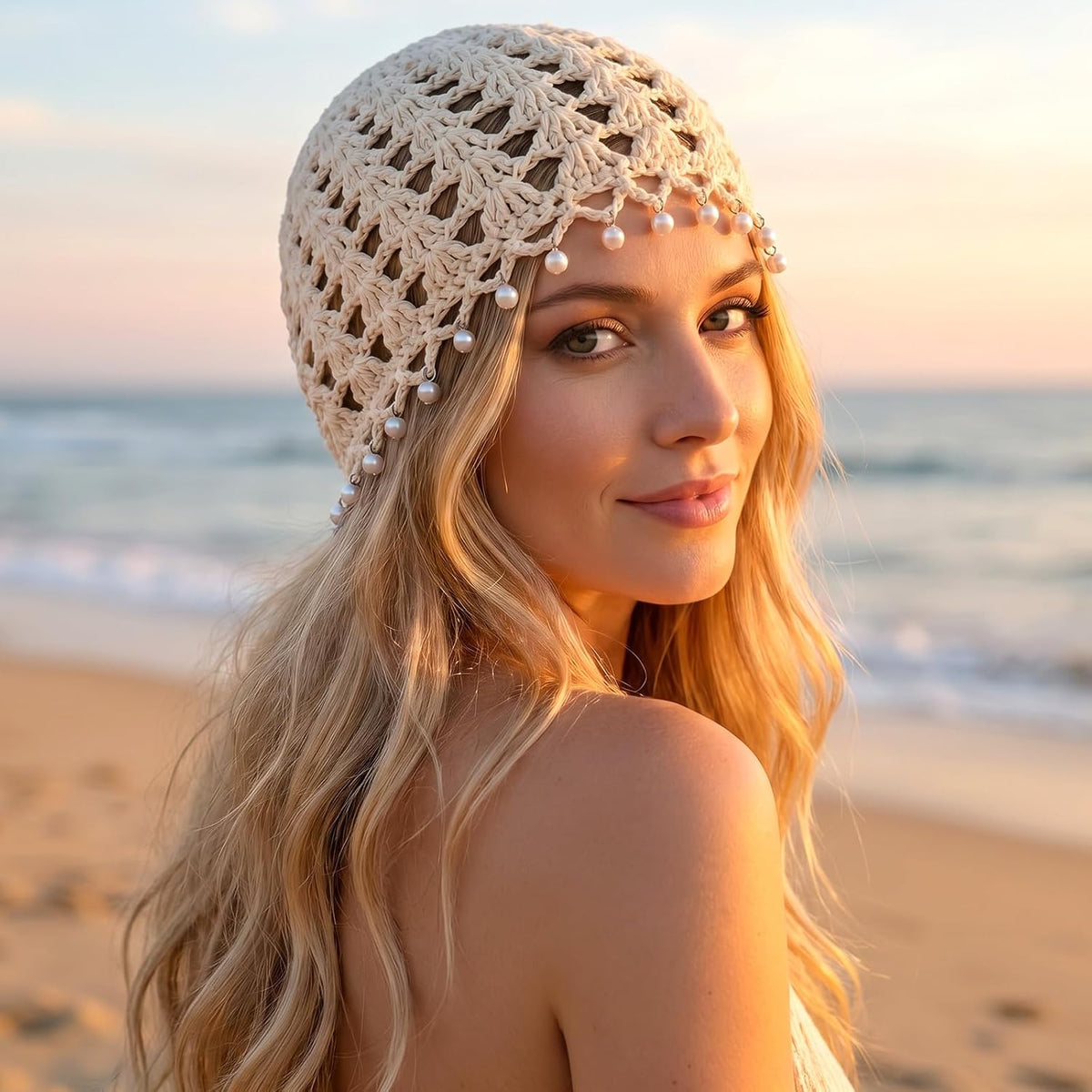 Shimmeroo Gorros de ganchillo para mujer, gorro bohemio de malla hu...