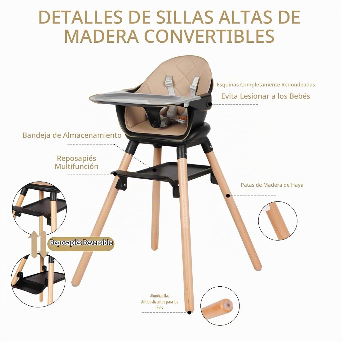 Silla alta para bebé 6 en 1, sillas altas convertibles de madera, c...
