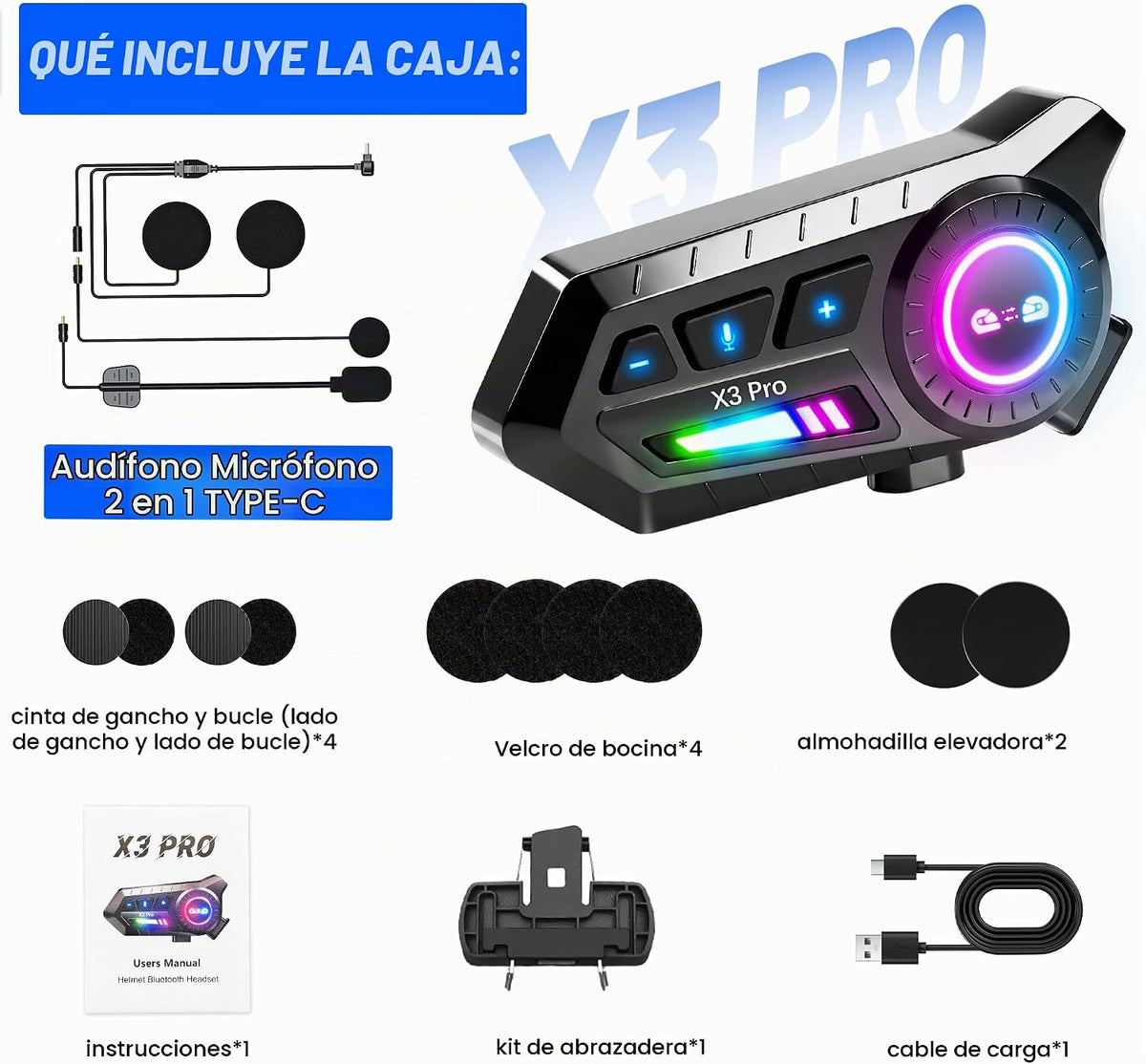 ANEDER Motocicleta Bluetooth 5.4 casco intercomunicador auriculares...