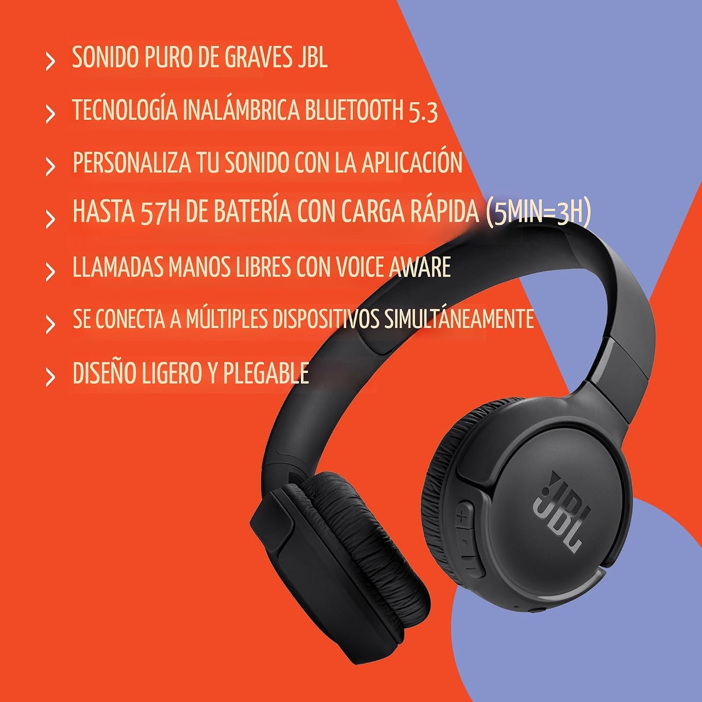 JBL Tune 520BT - Auriculares inalámbricos tipo orejera, hasta 57H d...