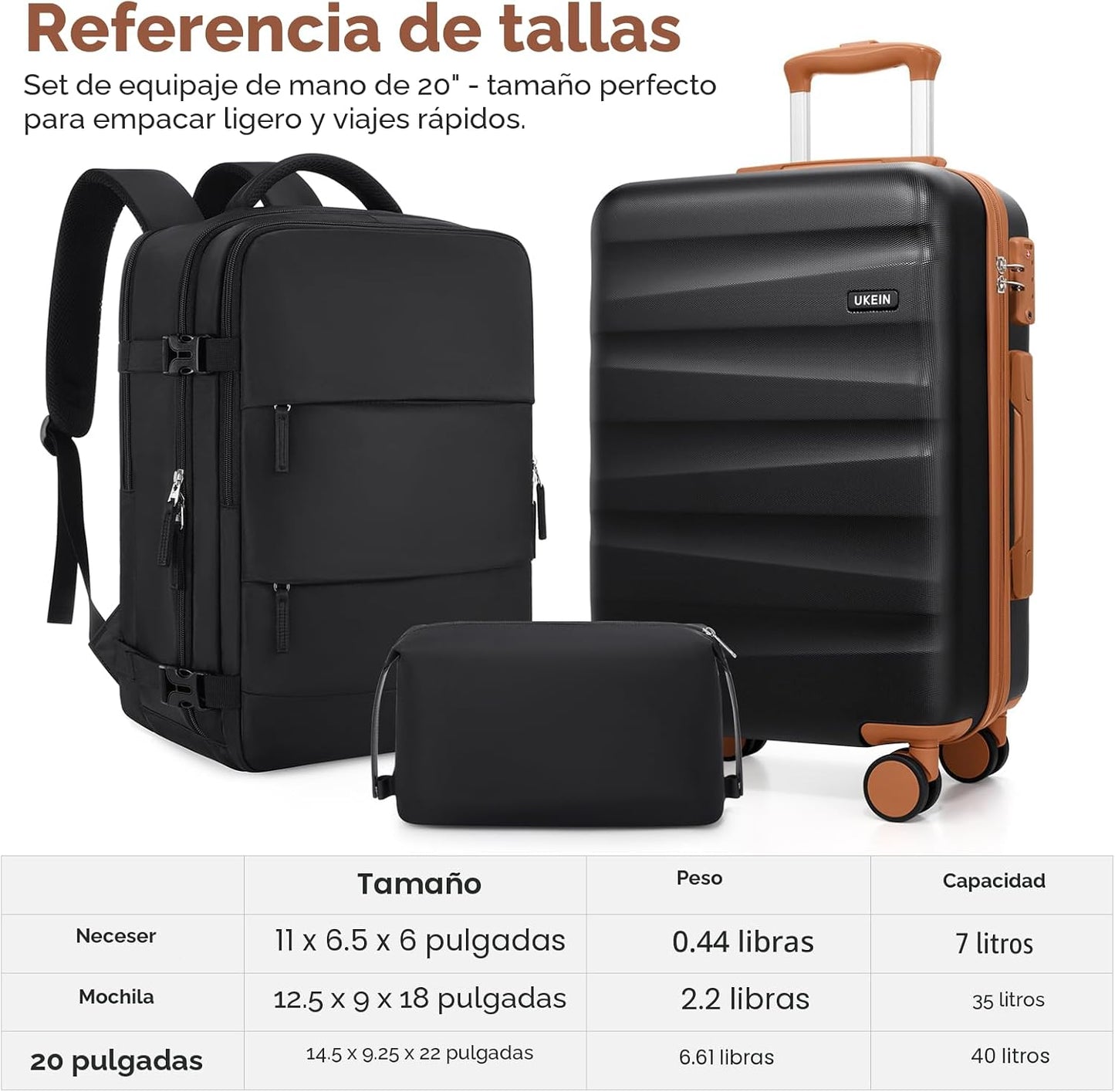 Juego de maletas UKEIN con mochila, maleta de cabina de policarbona...