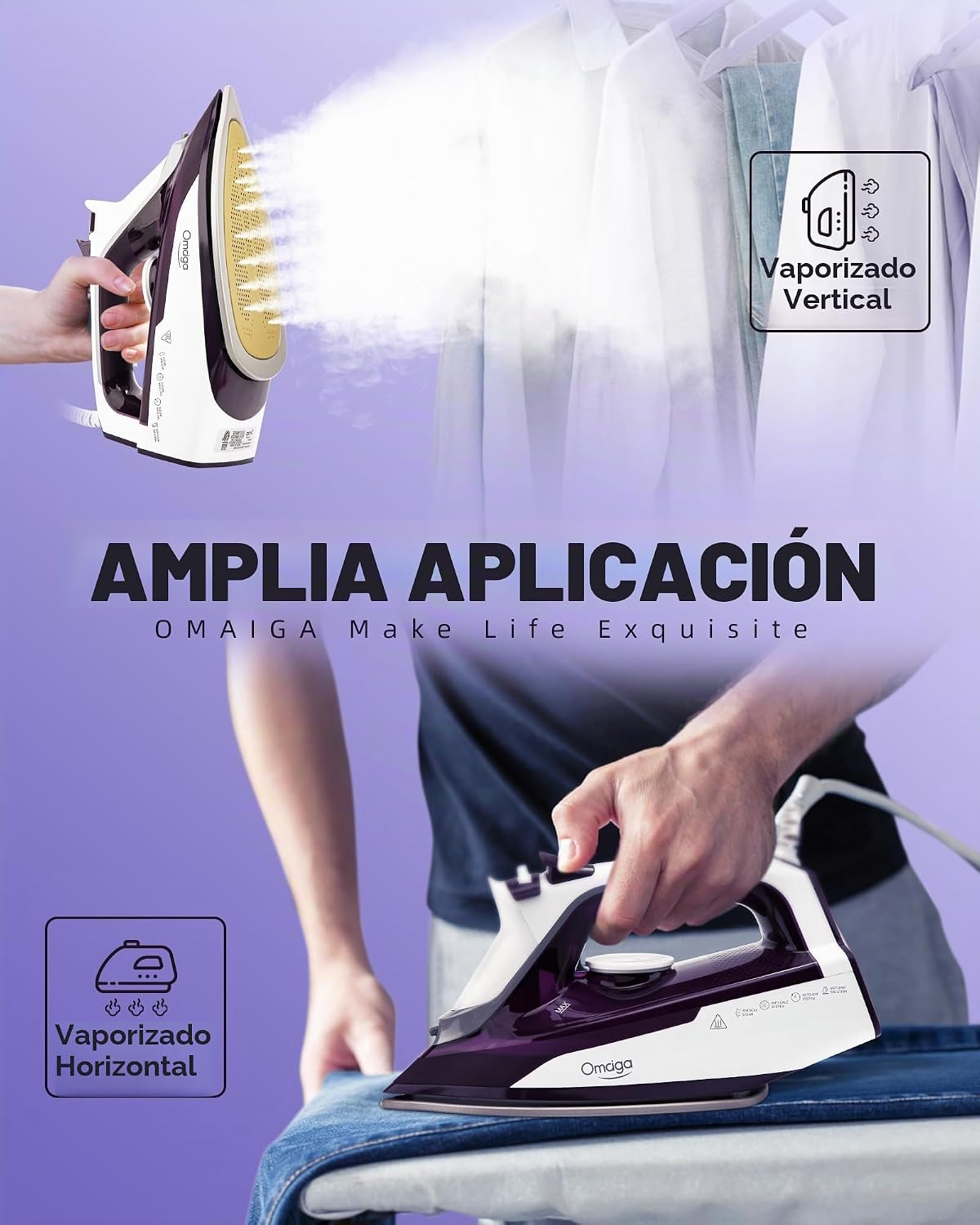 OMAIGA Plancha de vapor para ropa, plancha de 1750 W con suela de c...