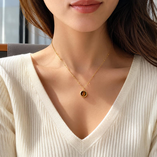 Collar de Ojo de Tigre Colgante Marrón Collares de Oro para Mujeres...