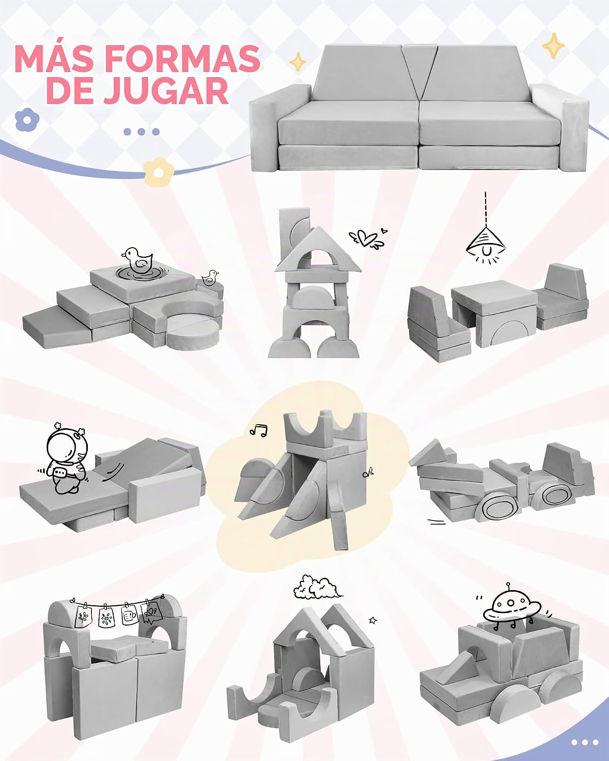 YEFU 15 piezas Sofá modular de juego para niños, sofá infantil para...