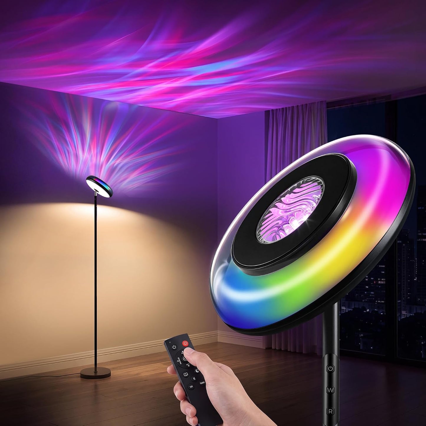 SIBRILLE Lámpara de pie Uplighter con proyector RGB ondulado, 3 en...