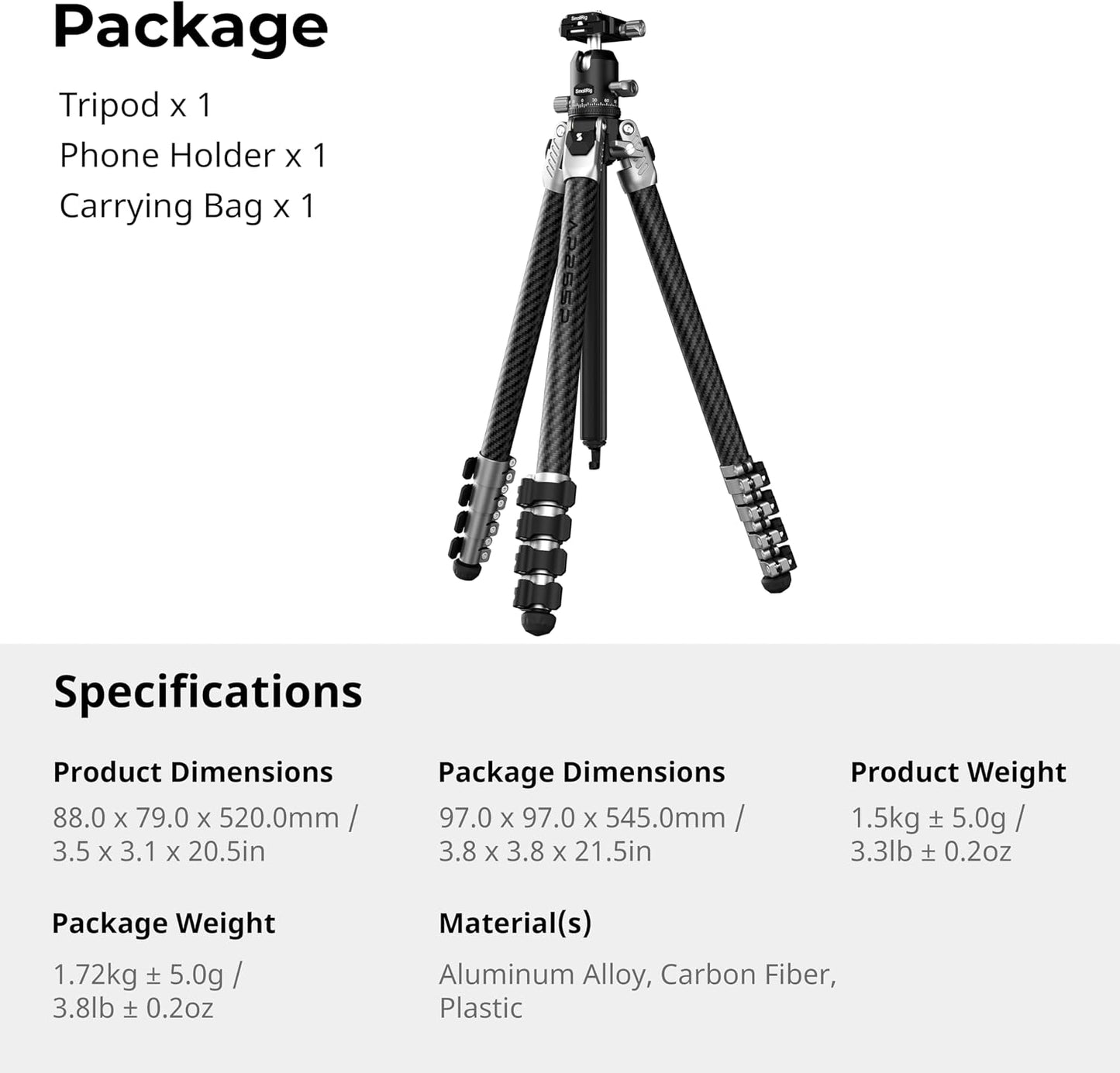SmallRig Trípode de cámara de fibra de carbono de 160cm\/62.6'&...