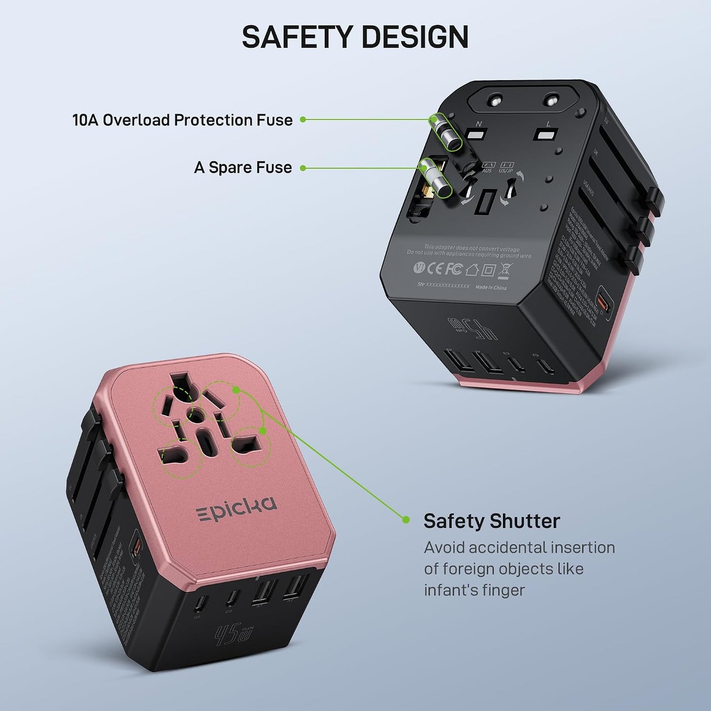 EPICKA Adaptador de viaje universal de 45 W PD&QC, 1AC\/3USB-C\...
