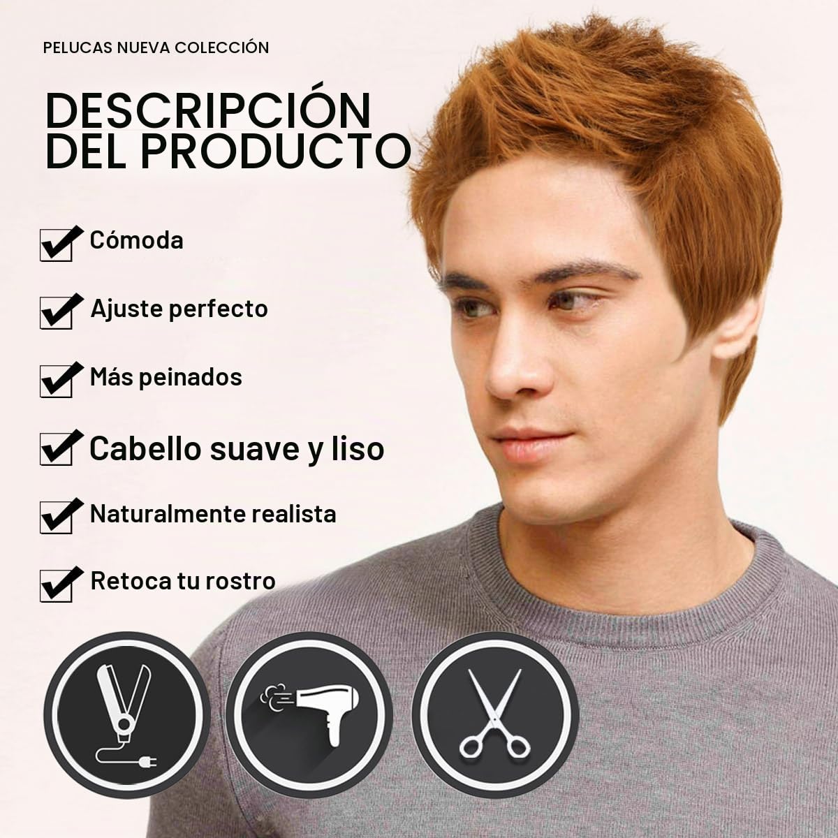 BEAUTY FLAG peluca corta de pelo naranja para hombre, peluca sintét...