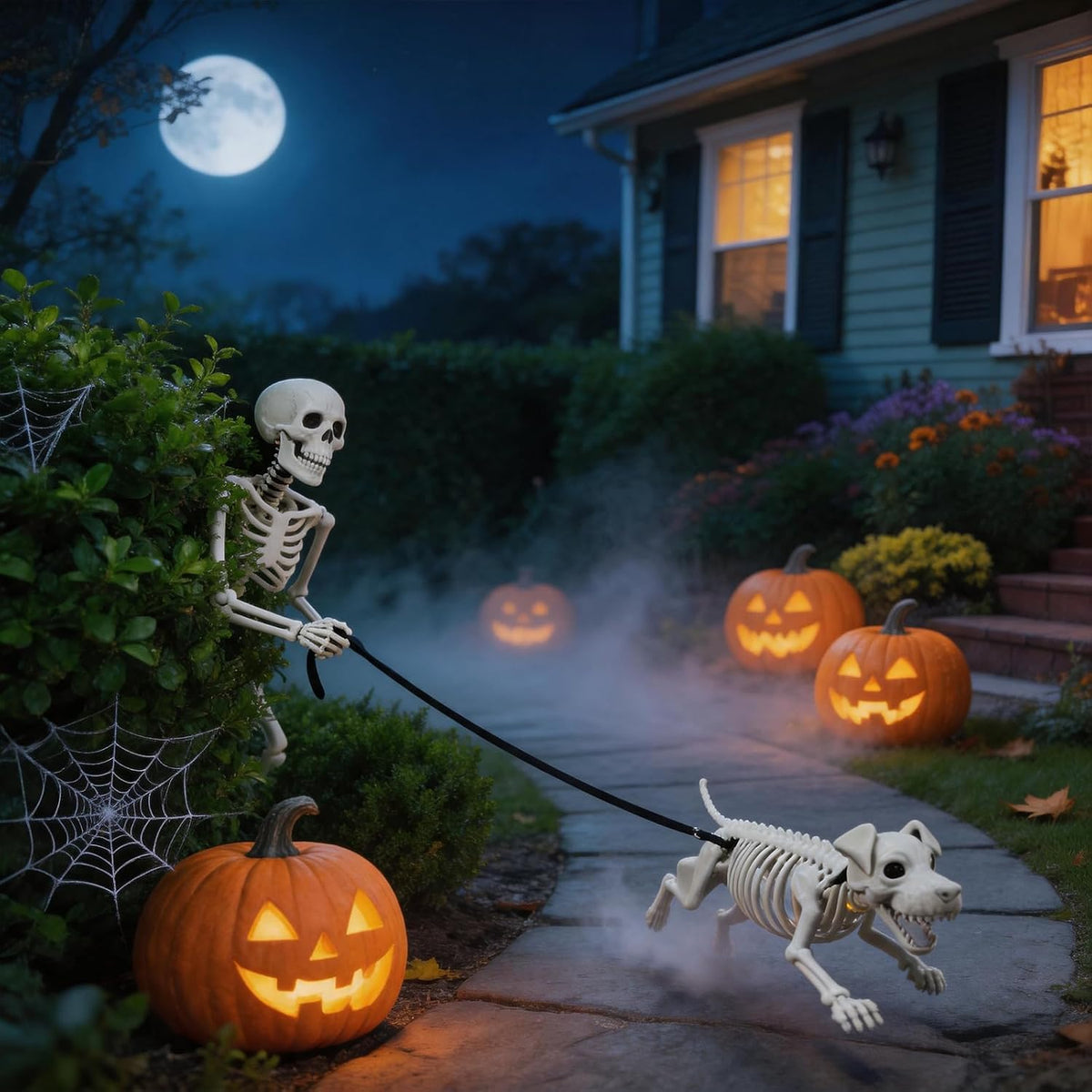 Decoraciones iluminadas de Halloween de esqueleto humano y perro pa...
