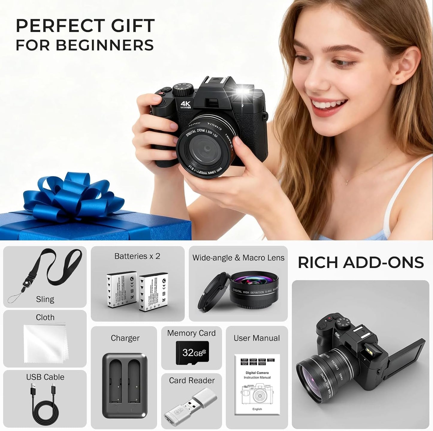 Cámara digital 4K para fotografía con WiFi, cámara de videoblogs co...