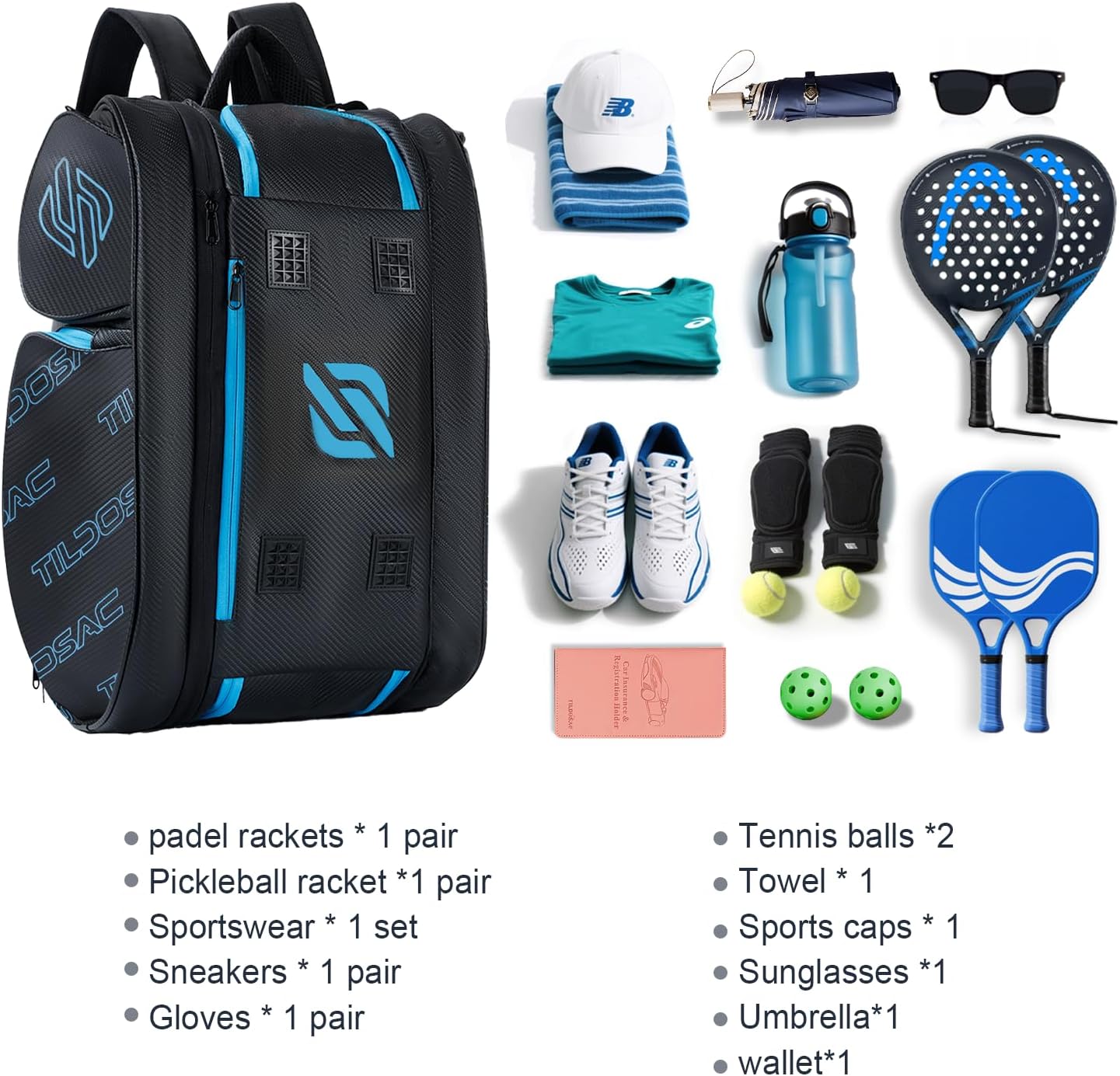 TILDOSAC Bolsa desmontable 2 en 1 para pickleball y pádel para homb...