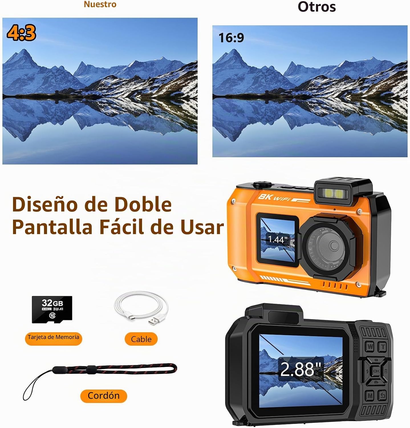 Cámara subacuática 8K, cámara digital impermeable WiFi de 70MP 33FT...